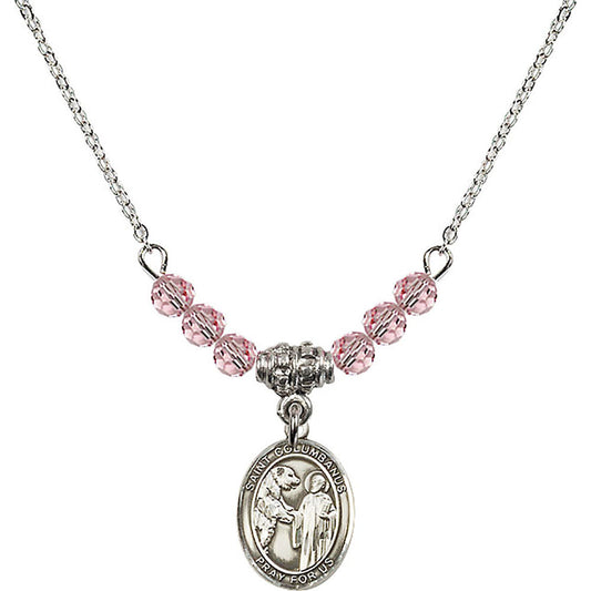 Sterling Silver Saint Columbanus Birthstone Necklace with Light Rose Beads - 9321