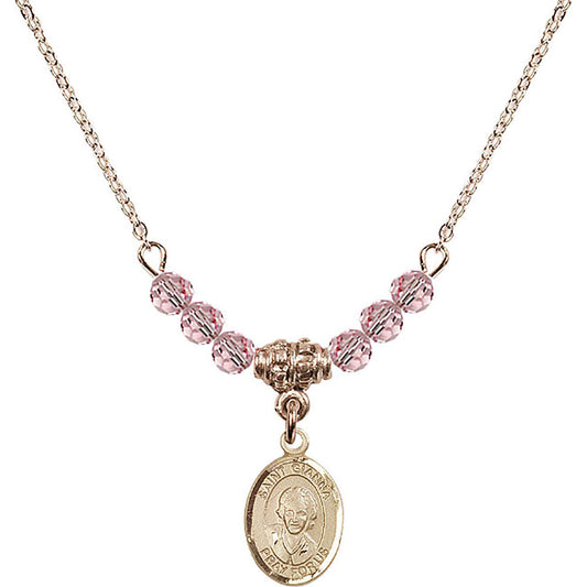 14kt Gold Filled Saint Gianna Beretta Molla Birthstone Necklace with Light Rose Beads - 9322
