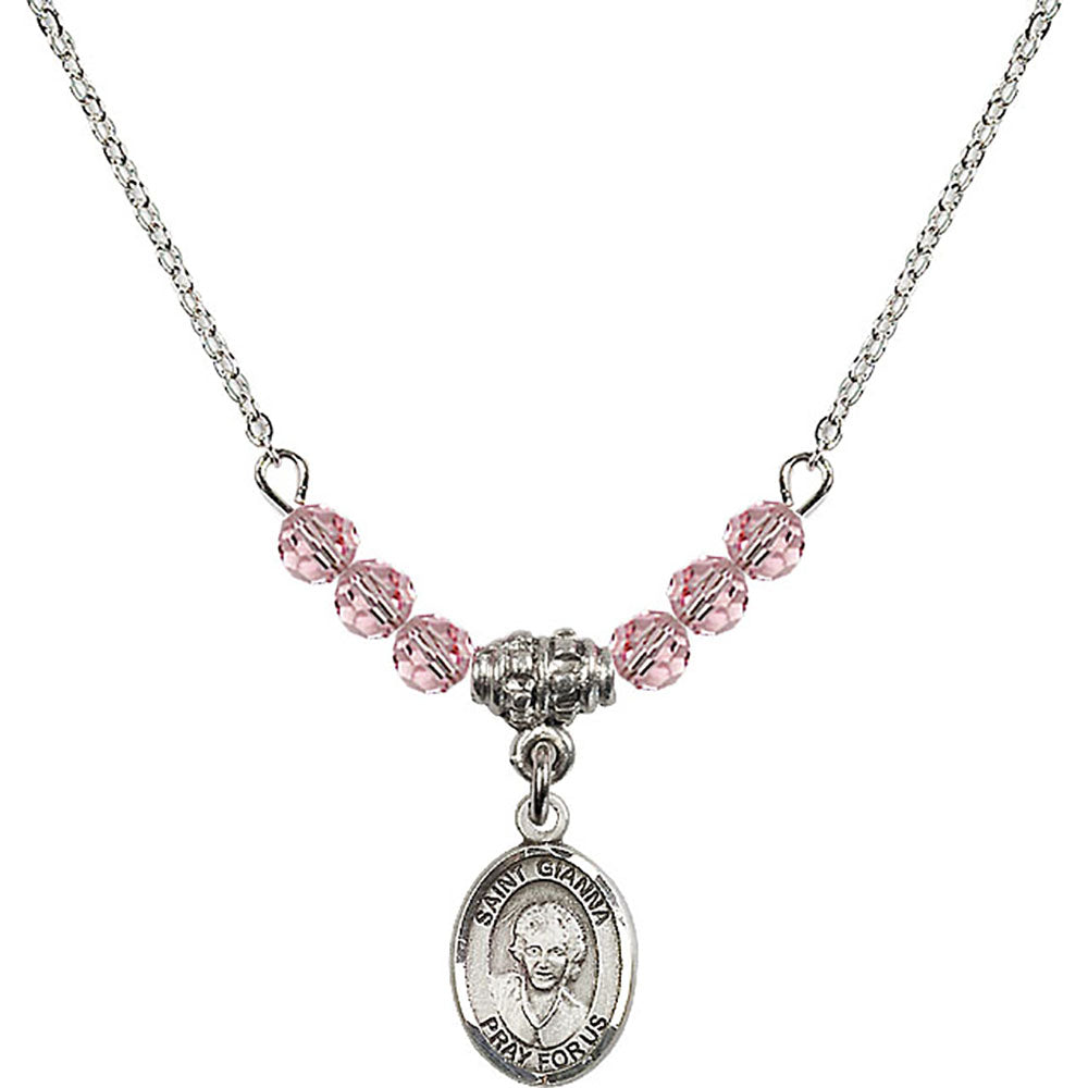 Sterling Silver Saint Gianna Beretta Molla Birthstone Necklace with Light Rose Beads - 9322