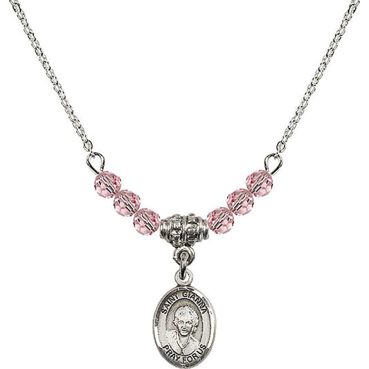 Sterling Silver Saint Gianna Beretta Molla Birthstone Necklace with Light Rose Beads - 9322