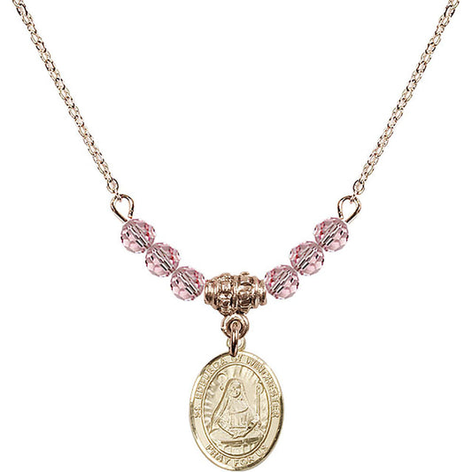 14kt Gold Filled Saint Edburga of Winchester Birthstone Necklace with Light Rose Beads - 9324