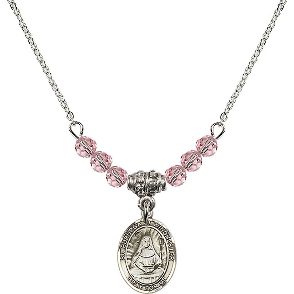 Sterling Silver Saint Edburga of Winchester Birthstone Necklace with Light Rose Beads - 9324