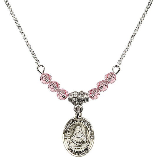Sterling Silver Saint Edburga of Winchester Birthstone Necklace with Light Rose Beads - 9324