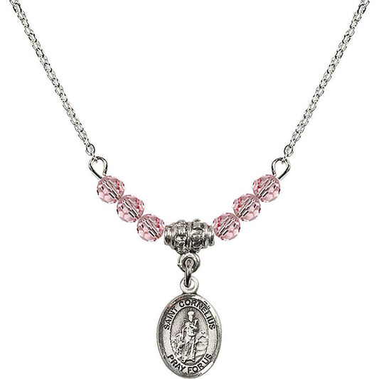 Sterling Silver Saint Cornelius Birthstone Necklace with Light Rose Beads - 9325