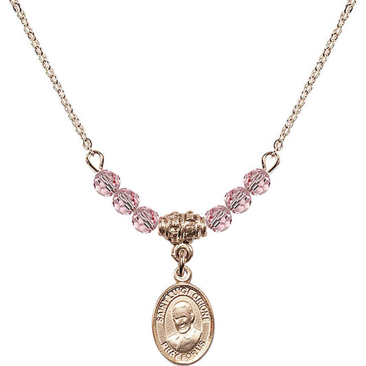 14kt Gold Filled Saint Luigi Orione Birthstone Necklace with Light Rose Beads - 9326
