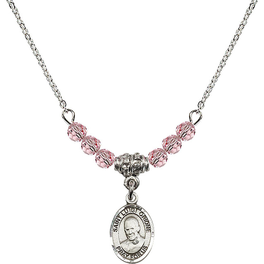 Sterling Silver Saint Luigi Orione Birthstone Necklace with Light Rose Beads - 9326