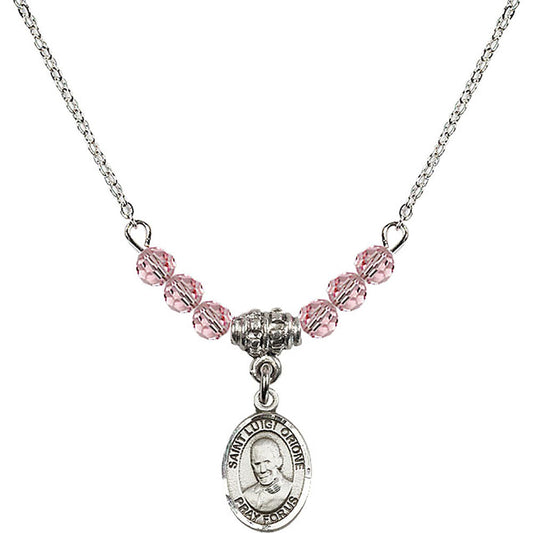 Sterling Silver Saint Luigi Orione Birthstone Necklace with Light Rose Beads - 9326