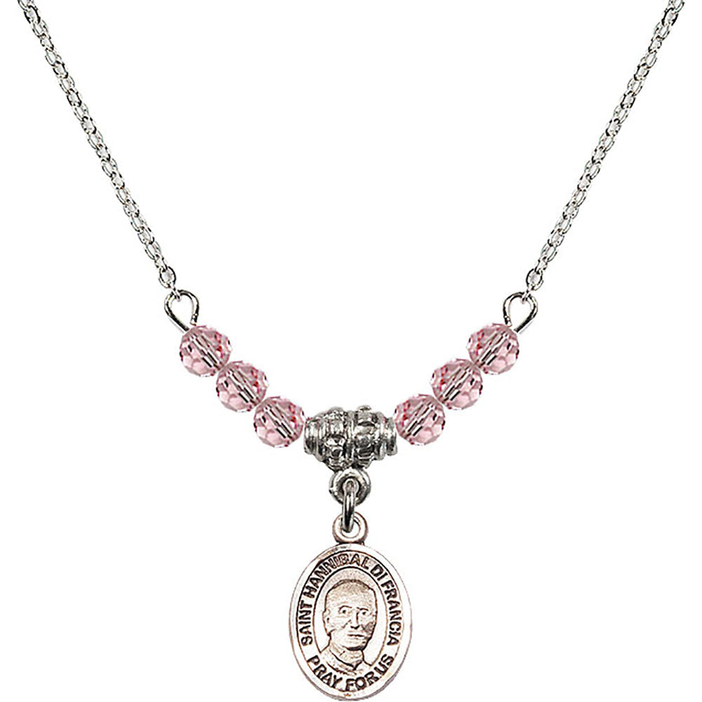 Sterling Silver Saint Hannibal Birthstone Necklace with Light Rose Beads - 9327