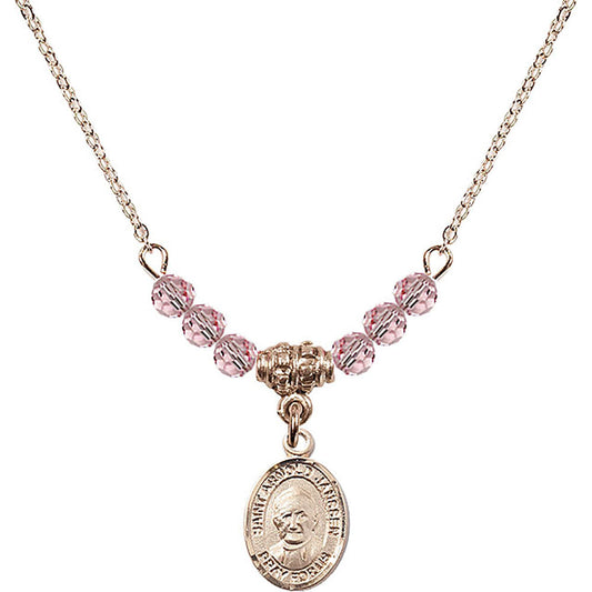14kt Gold Filled Saint Arnold Janssen Birthstone Necklace with Light Rose Beads - 9328