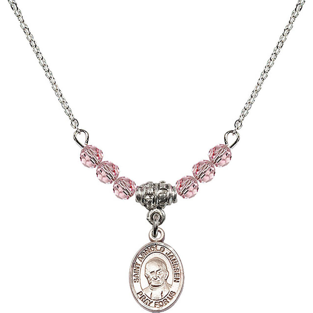 Sterling Silver Saint Arnold Janssen Birthstone Necklace with Light Rose Beads - 9328