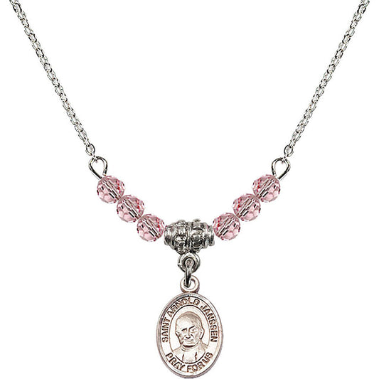 Sterling Silver Saint Arnold Janssen Birthstone Necklace with Light Rose Beads - 9328