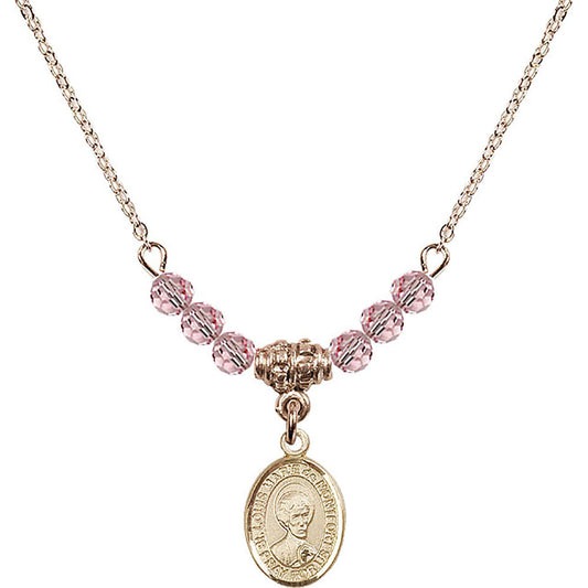 14kt Gold Filled Saint Louis Marie de Montfort Birthstone Necklace with Light Rose Beads - 9330