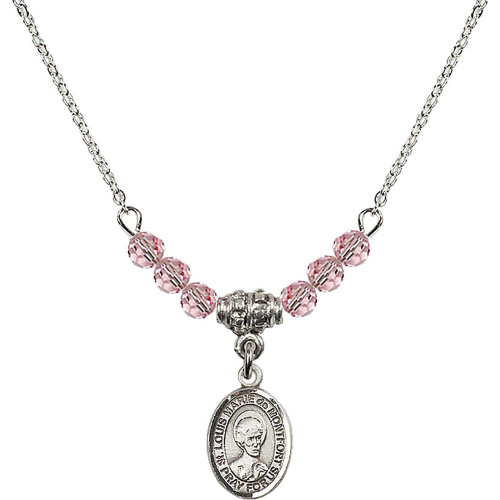 Sterling Silver Saint Louis Marie de Montfort Birthstone Necklace with Light Rose Beads - 9330