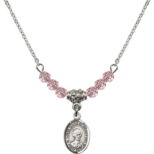 Sterling Silver Saint Louis Marie de Montfort Birthstone Necklace with Light Rose Beads - 9330