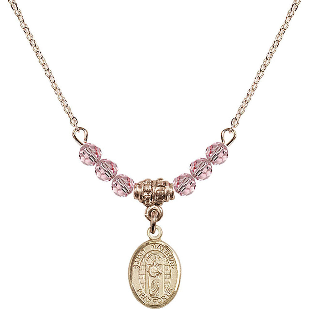 14kt Gold Filled Saint Matthias the Apostle Birthstone Necklace with Light Rose Beads - 9331