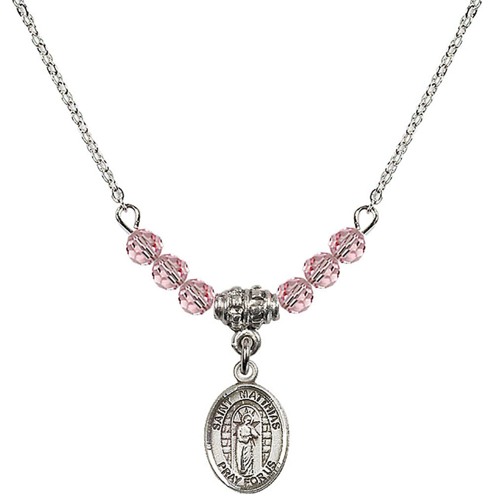 Sterling Silver Saint Matthias the Apostle Birthstone Necklace with Light Rose Beads - 9331