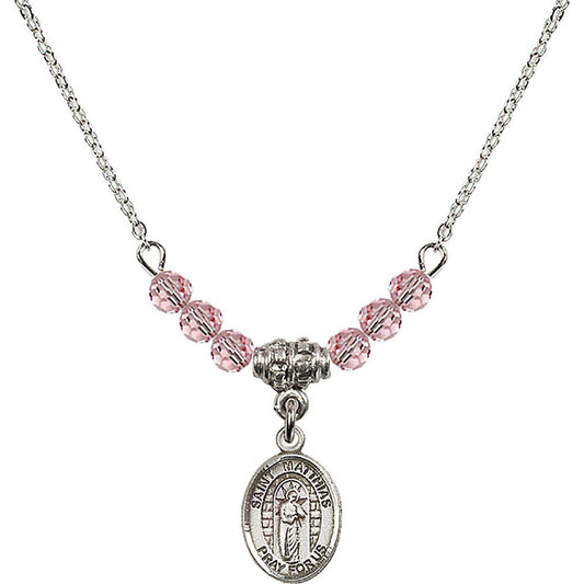 Sterling Silver Saint Matthias the Apostle Birthstone Necklace with Light Rose Beads - 9331