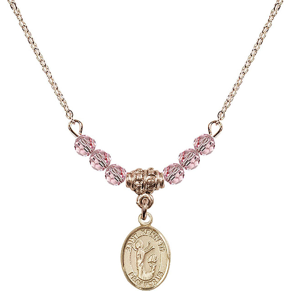 14kt Gold Filled Saint Kenneth Birthstone Necklace with Light Rose Beads - 9332