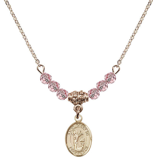 14kt Gold Filled Saint Kenneth Birthstone Necklace with Light Rose Beads - 9332