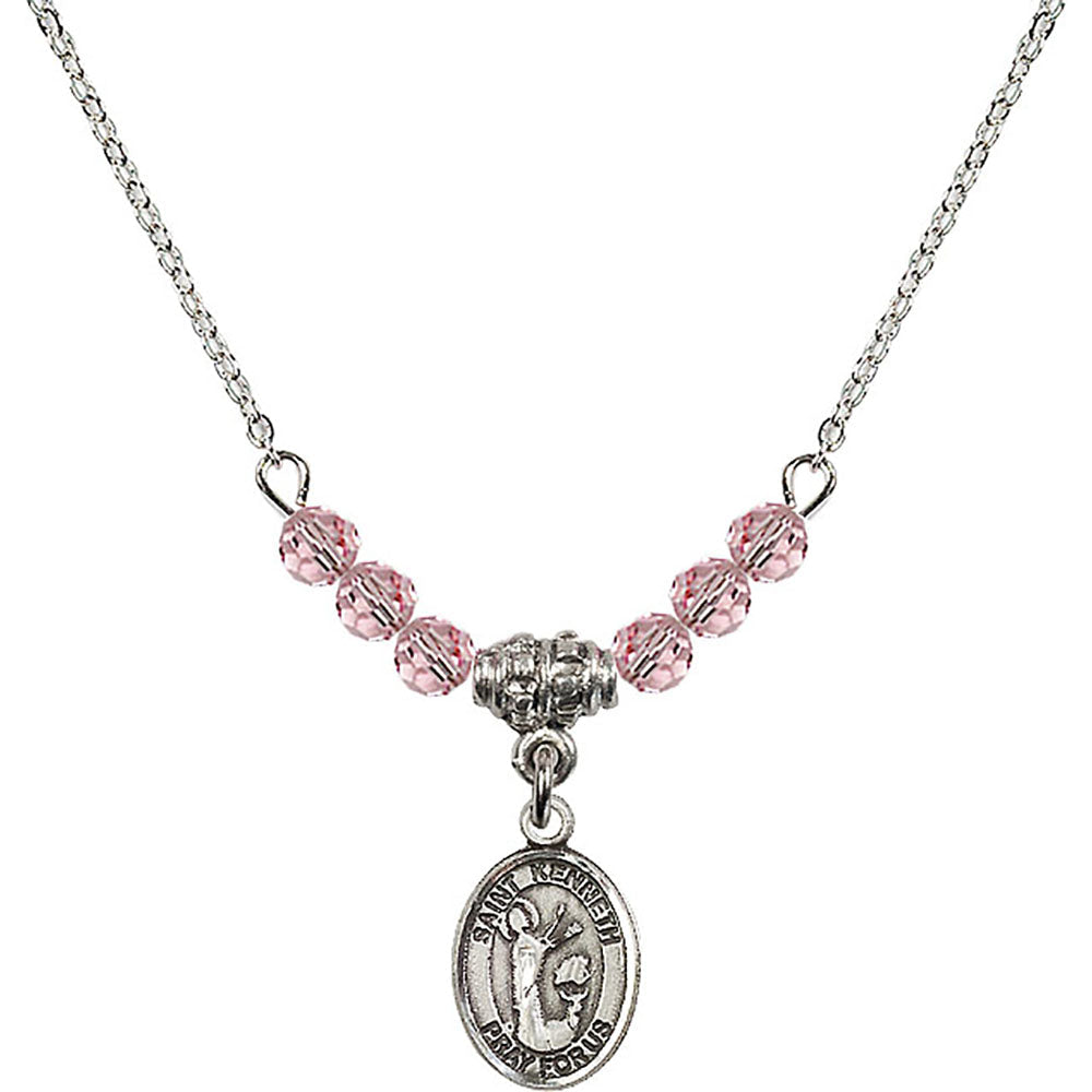 Sterling Silver Saint Kenneth Birthstone Necklace with Light Rose Beads - 9332