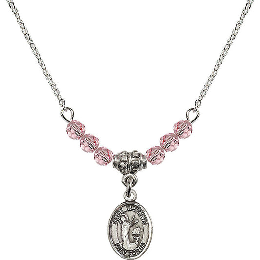 Sterling Silver Saint Kenneth Birthstone Necklace with Light Rose Beads - 9332