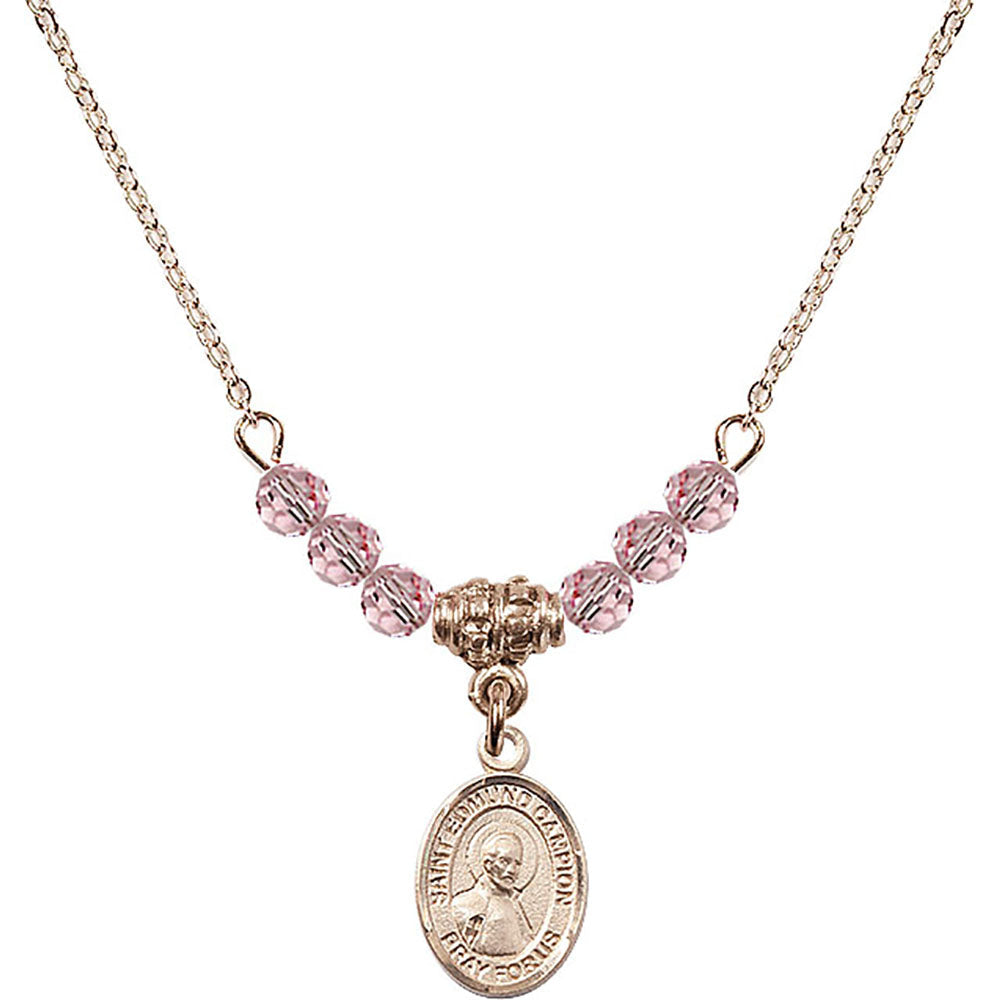14kt Gold Filled Saint Edmund Campion Birthstone Necklace with Light Rose Beads - 9333