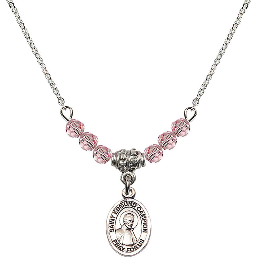 Sterling Silver Saint Edmund Campion Birthstone Necklace with Light Rose Beads - 9333