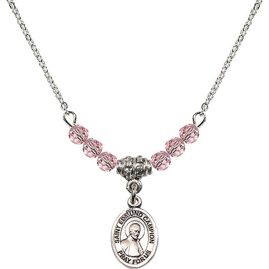 Sterling Silver Saint Edmund Campion Birthstone Necklace with Light Rose Beads - 9333