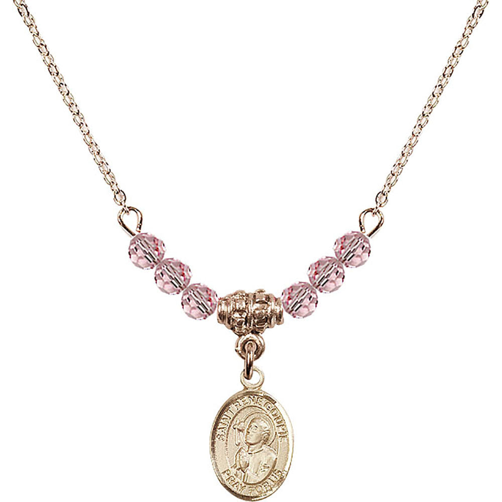 14kt Gold Filled Saint Rene Goupil Birthstone Necklace with Light Rose Beads - 9334
