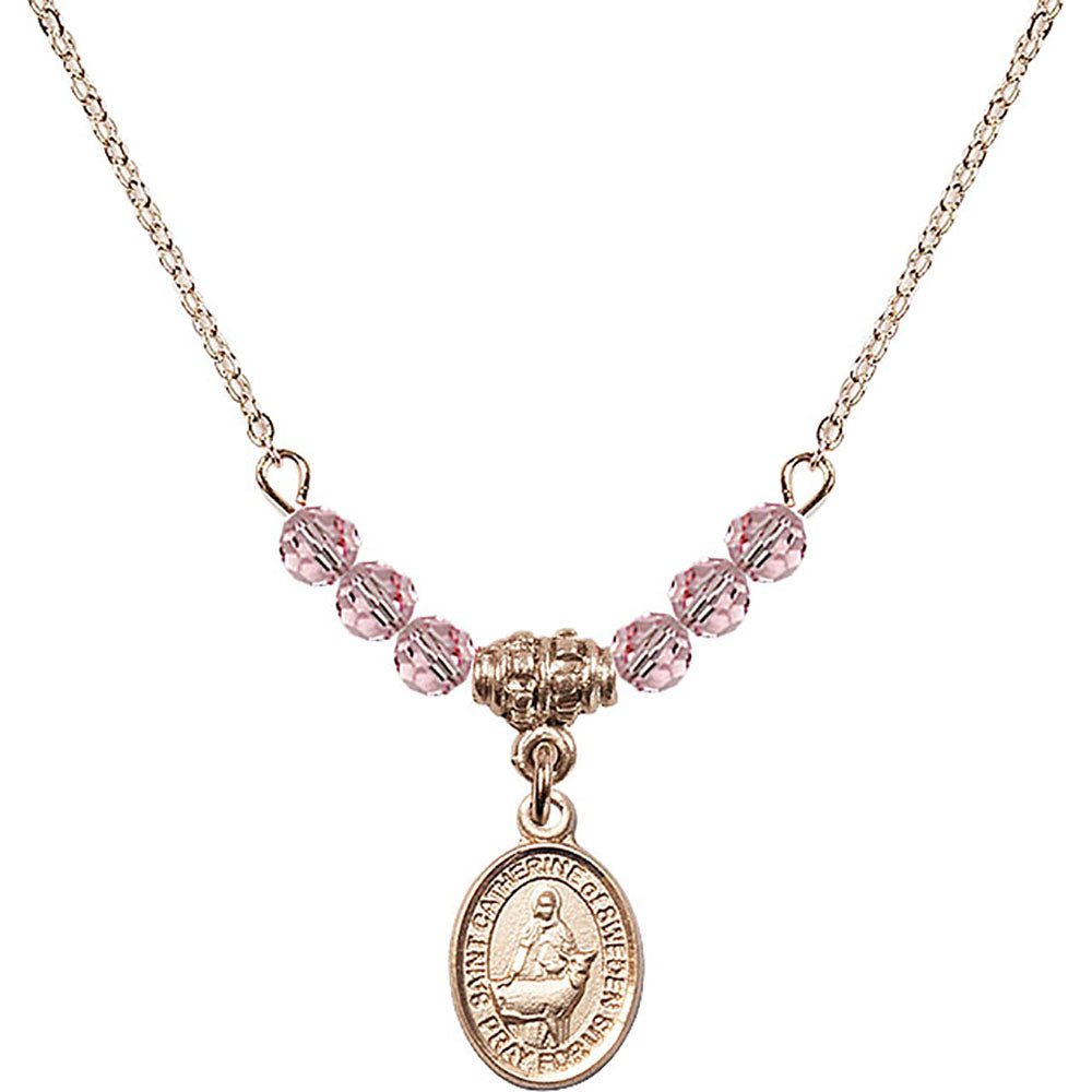14kt Gold Filled Saint Catherine of Sweden Birthstone Necklace with Light Rose Beads - 9336