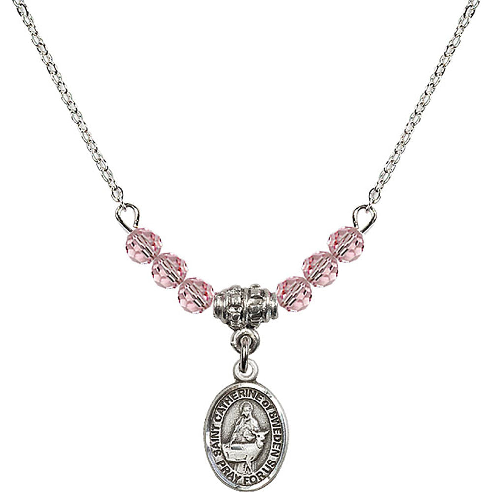 Sterling Silver Saint Catherine of Sweden Birthstone Necklace with Light Rose Beads - 9336