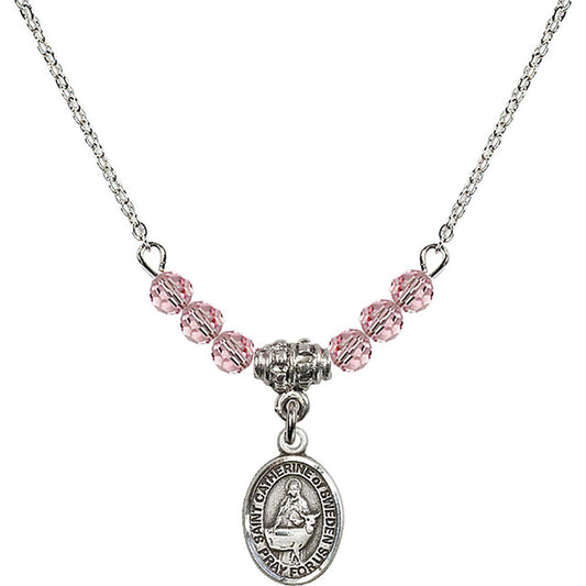 Sterling Silver Saint Catherine of Sweden Birthstone Necklace with Light Rose Beads - 9336
