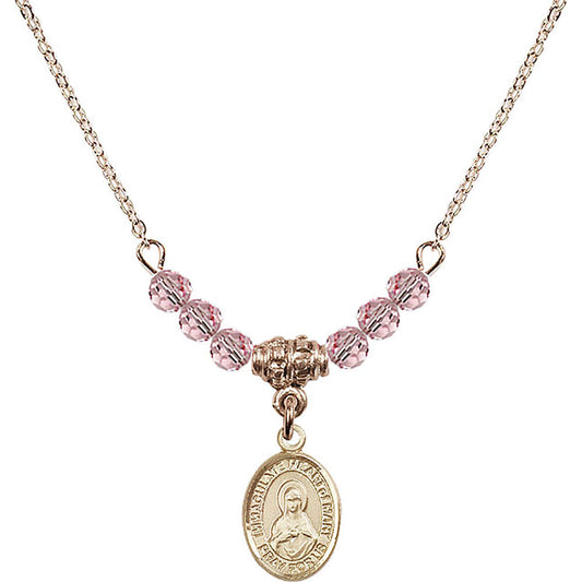 14kt Gold Filled Immaculate Heart of Mary Birthstone Necklace with Light Rose Beads - 9337