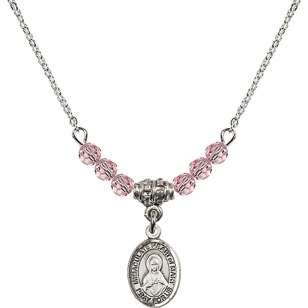 Sterling Silver Immaculate Heart of Mary Birthstone Necklace with Light Rose Beads - 9337