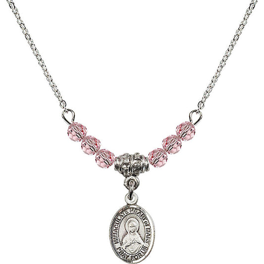 Sterling Silver Immaculate Heart of Mary Birthstone Necklace with Light Rose Beads - 9337