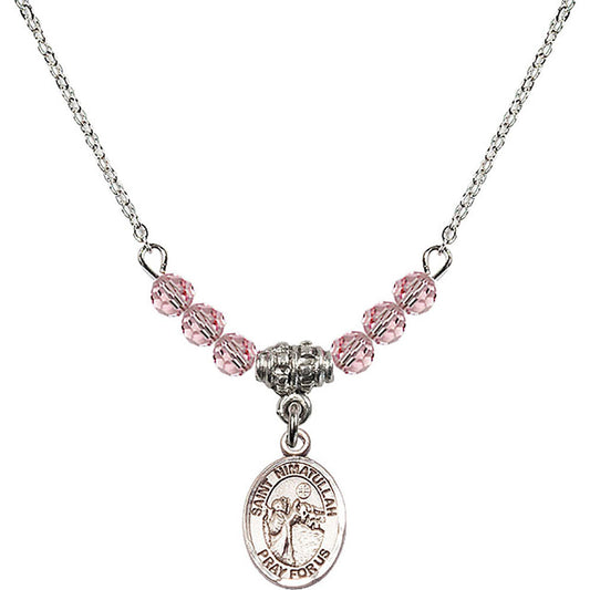 Sterling Silver Saint Nimatullah Birthstone Necklace with Light Rose Beads - 9339