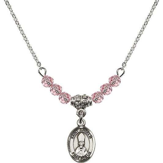 Sterling Silver Saint Anselm of Canterbury Birthstone Necklace with Light Rose Beads - 9342