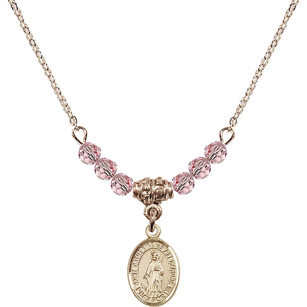 14kt Gold Filled Saint Catherine of Alexandria Birthstone Necklace with Light Rose Beads - 9343