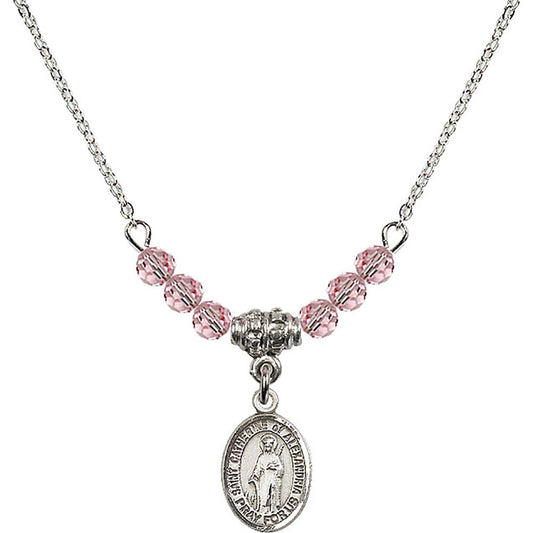 Sterling Silver Saint Catherine of Alexandria Birthstone Necklace with Light Rose Beads - 9343