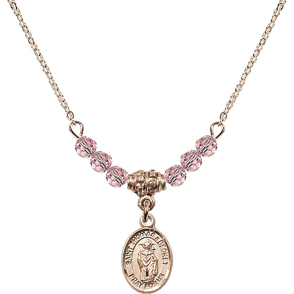 14kt Gold Filled Saint Thomas A Becket Birthstone Necklace with Light Rose Beads - 9344