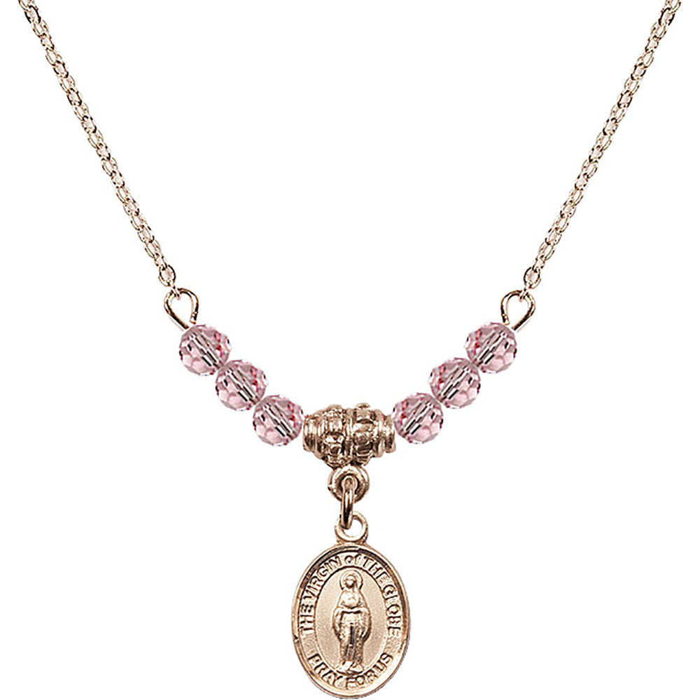 14kt Gold Filled Virgin of the Globe Birthstone Necklace with Light Rose Beads - 9345