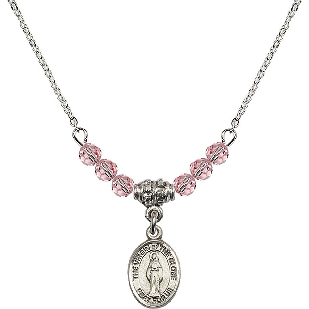 Sterling Silver Virgin of the Globe Birthstone Necklace with Light Rose Beads - 9345