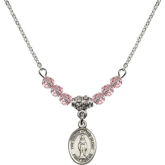 Sterling Silver Virgin of the Globe Birthstone Necklace with Light Rose Beads - 9345