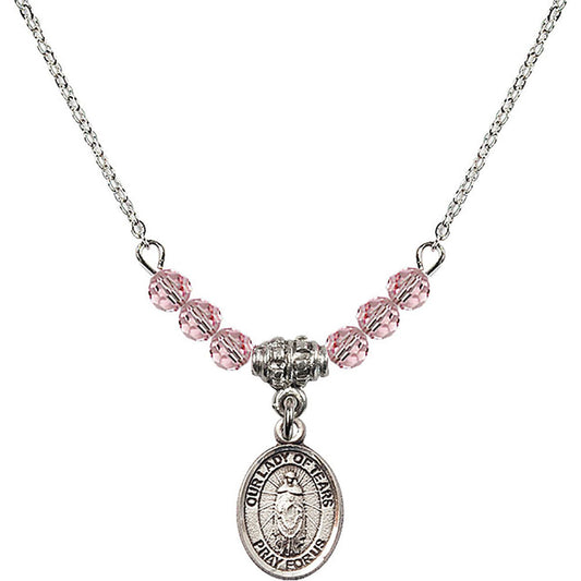 Sterling Silver Our Lady of Tears Birthstone Necklace with Light Rose Beads - 9346