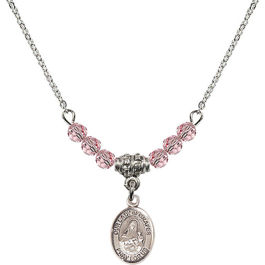 Sterling Silver Our Lady of Grapes Birthstone Necklace with Light Rose Beads - 9347