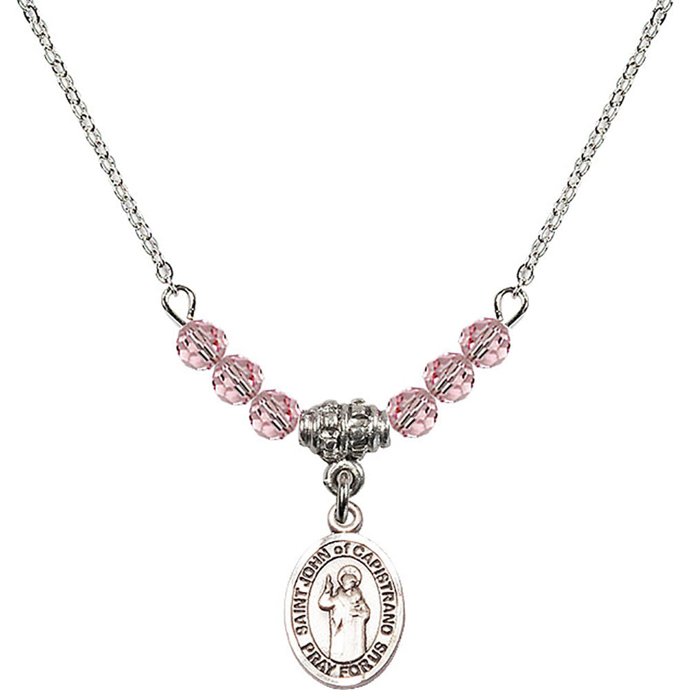 Sterling Silver Saint John of Capistrano Birthstone Necklace with Light Rose Beads - 9350