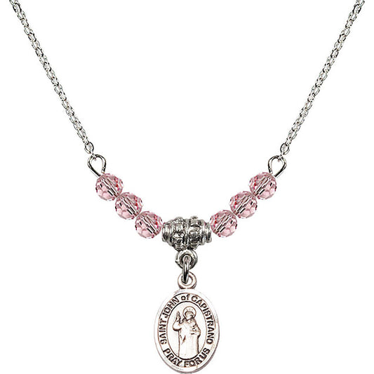 Sterling Silver Saint John of Capistrano Birthstone Necklace with Light Rose Beads - 9350