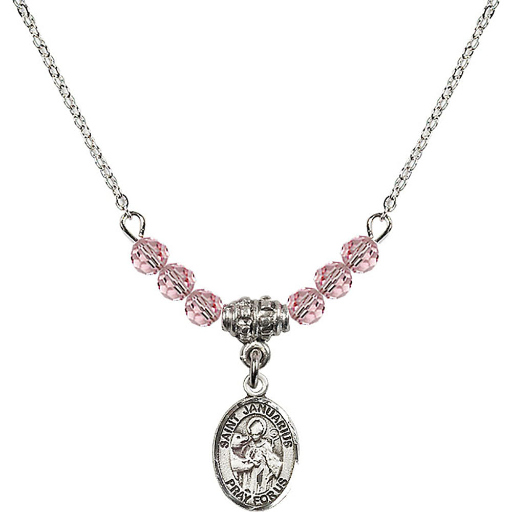 Sterling Silver Saint Januarius Birthstone Necklace with Light Rose Beads - 9351