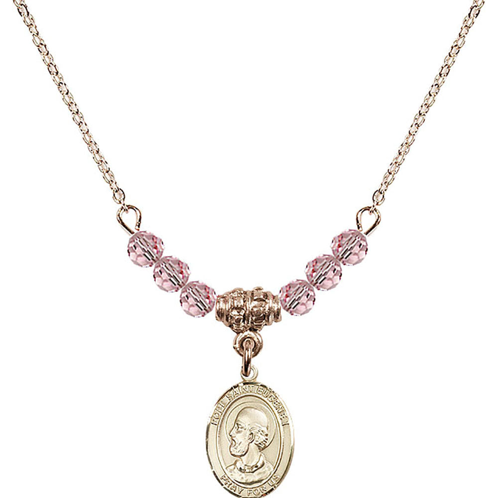 14kt Gold Filled Pope Saint Eugene I Birthstone Necklace with Light Rose Beads - 9352