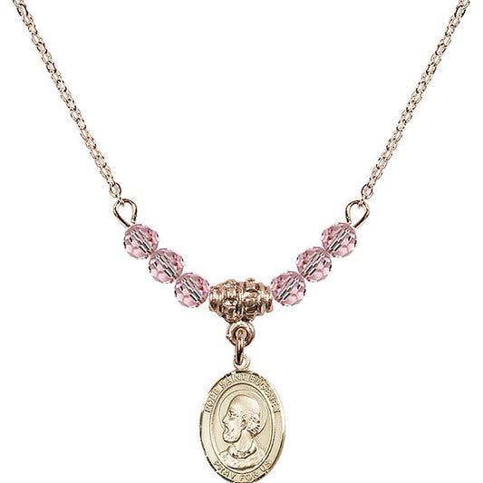 14kt Gold Filled Pope Saint Eugene I Birthstone Necklace with Light Rose Beads - 9352